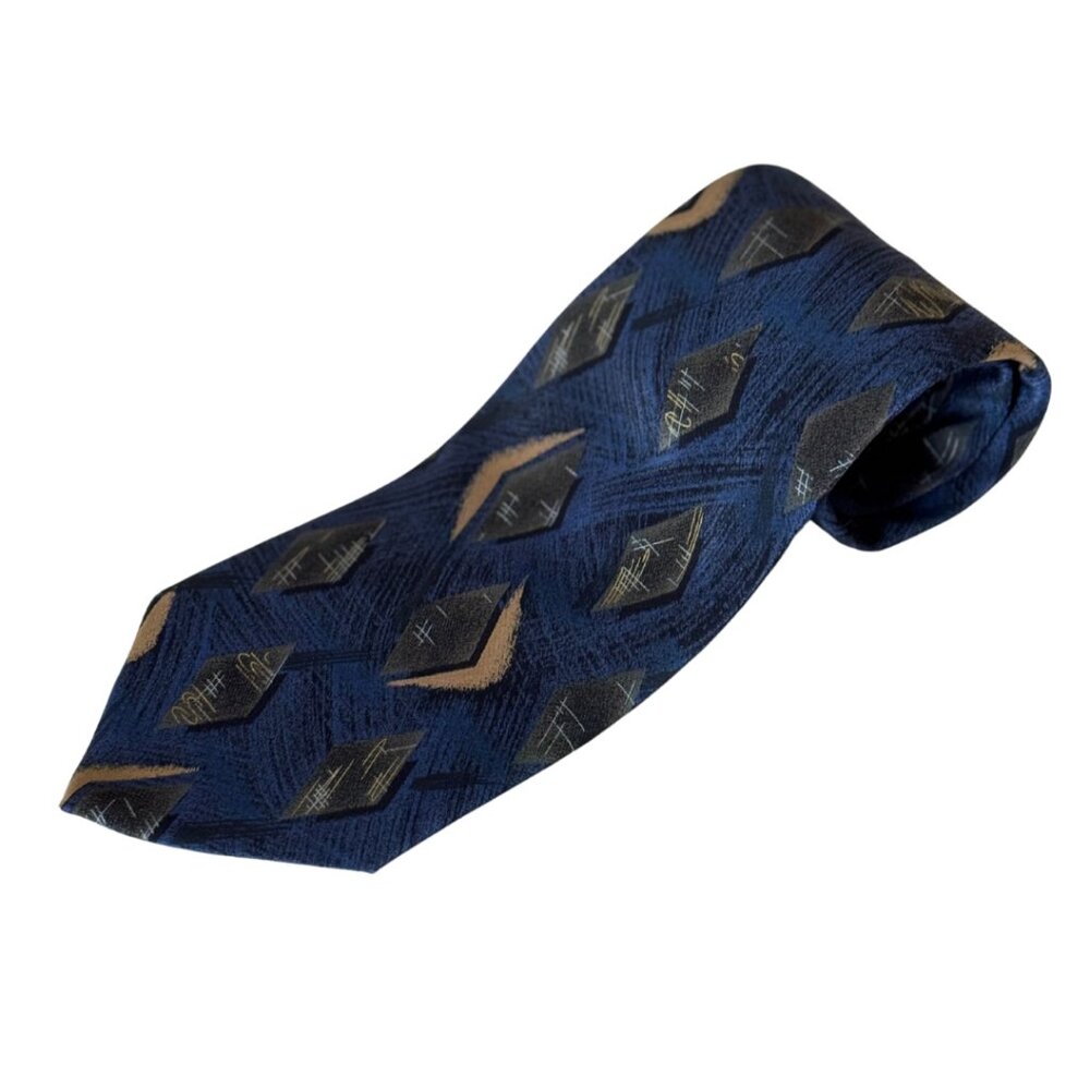 J. Ferrar Men’s Tie Blue Black Brown Geometric 100% Silk 56” Made In Italy